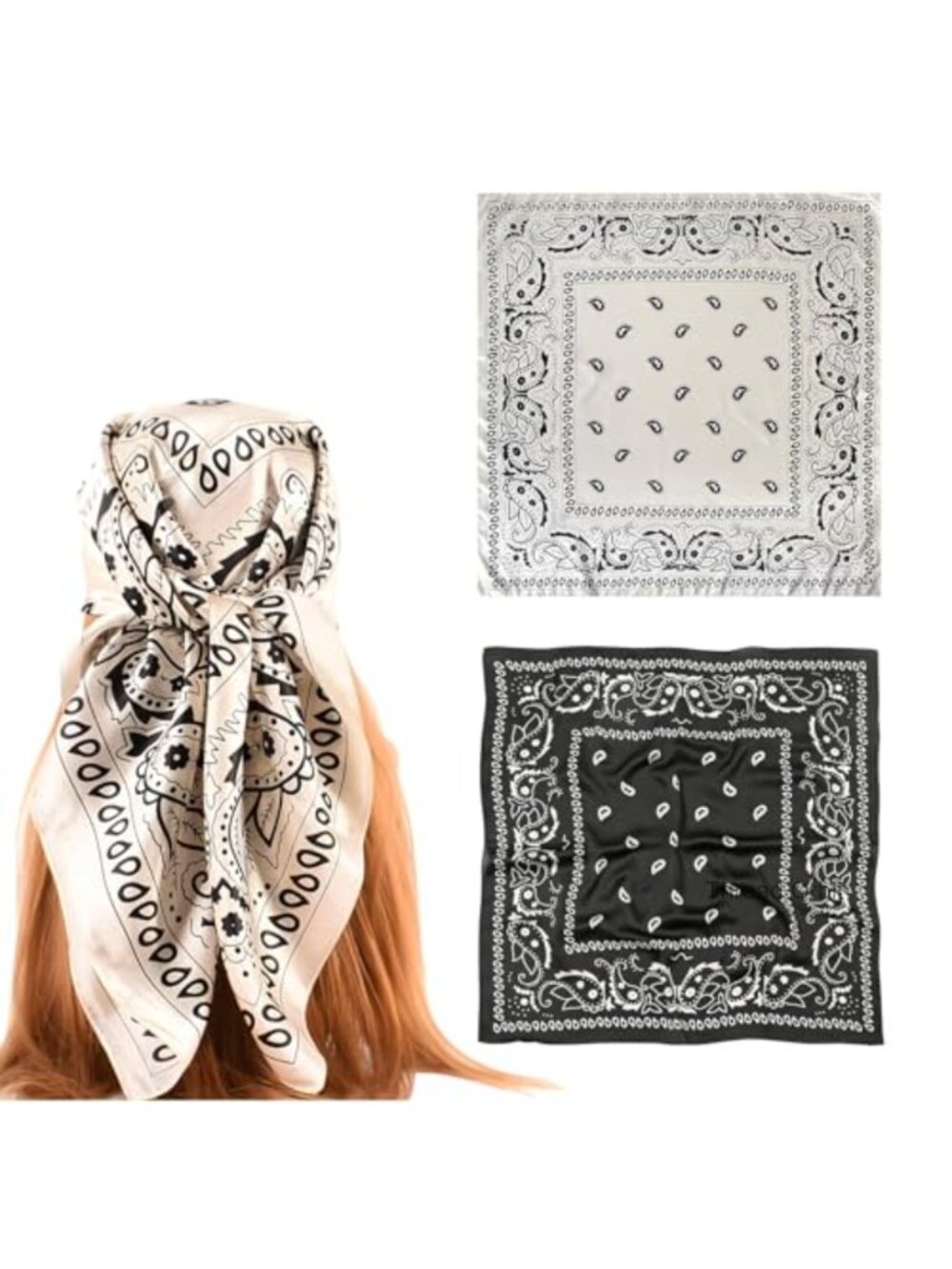 2Pc 35" Silk Feeling Satin Square Scarf Hair Wrap Headband Bandana Women
